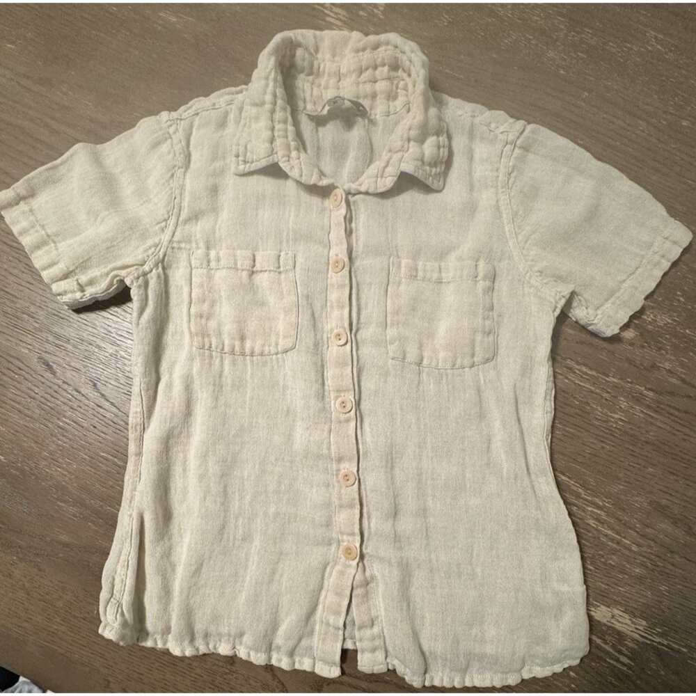 Flax Brand Cream Linen Cotton Petite Button up Blouse Collar Short Sleeve Resort
